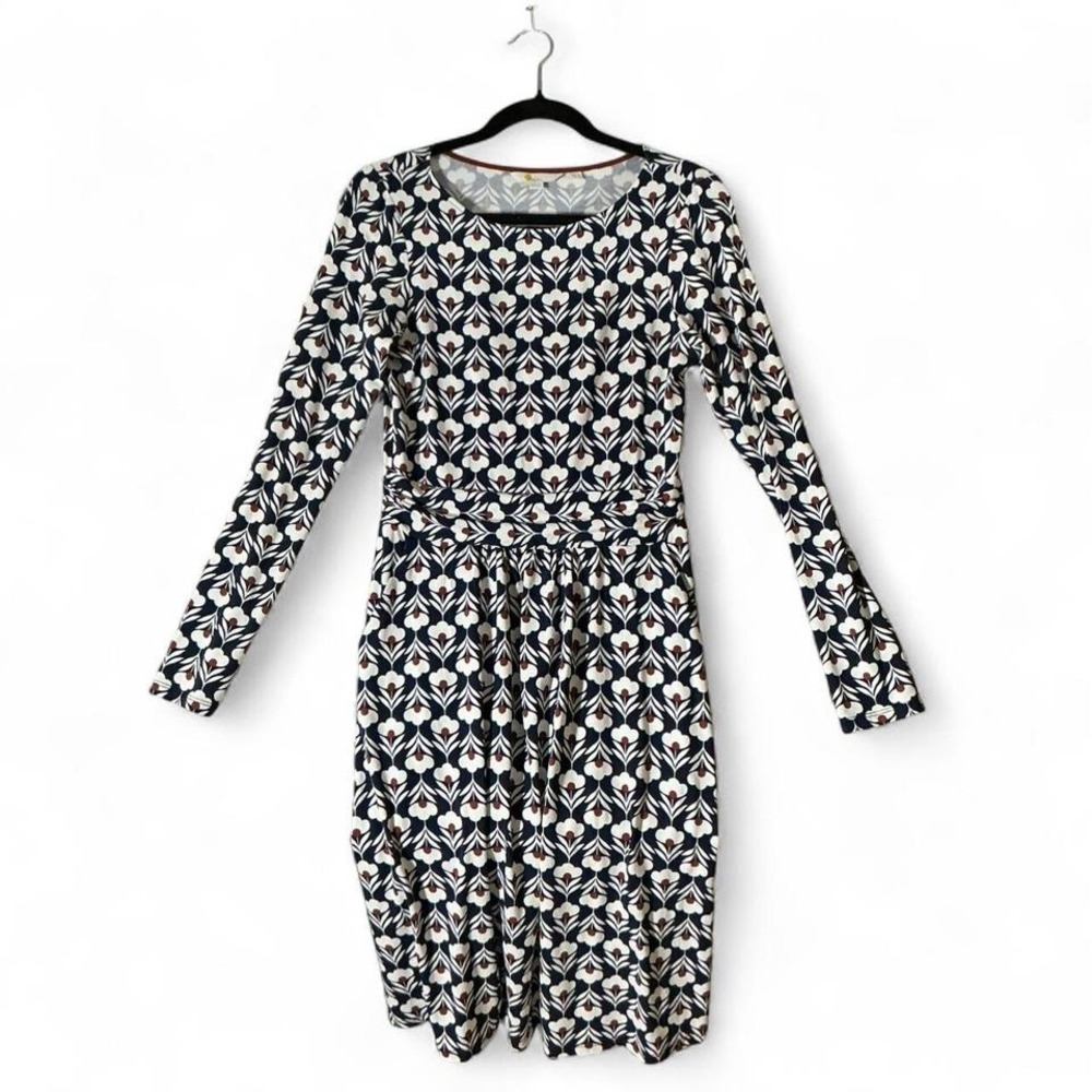 Boden Navy Blue Floral Tulip‎ Print Long Sleeve Jersey Dress US 4R UK 8R J0493